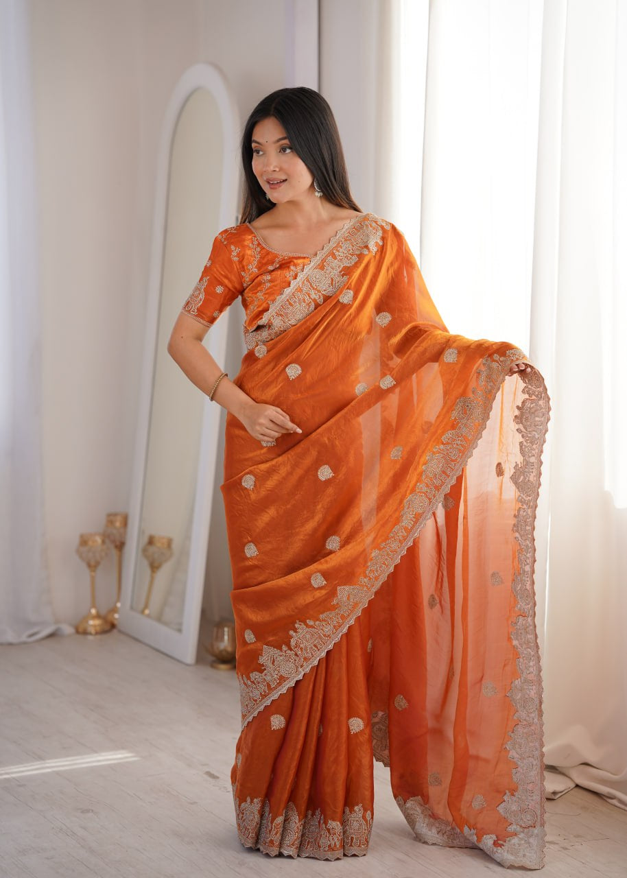 Womenline Orange Organza Embroidered Saree with Blouse