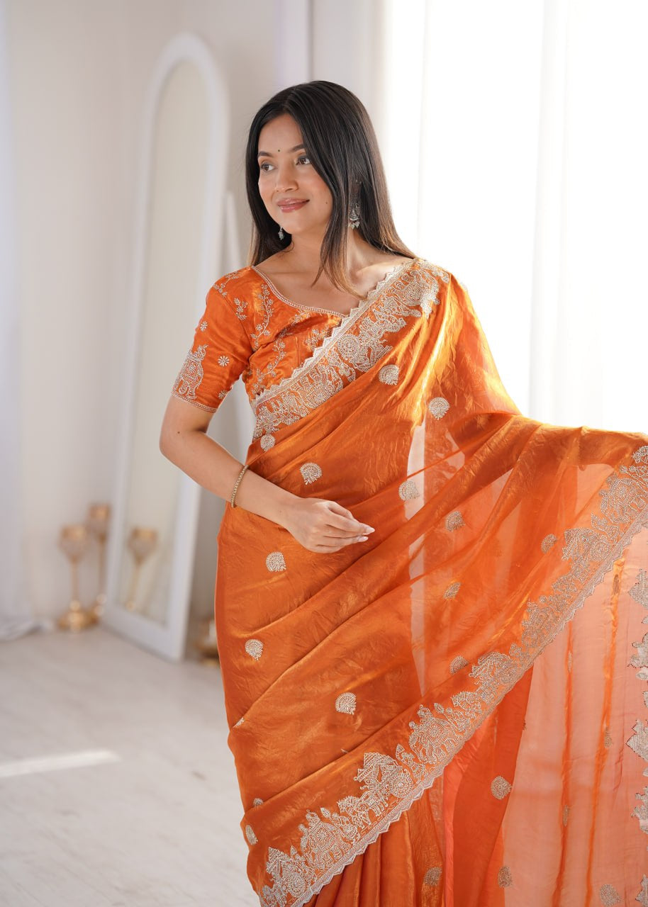 Womenline Orange Organza Embroidered Saree with Blouse
