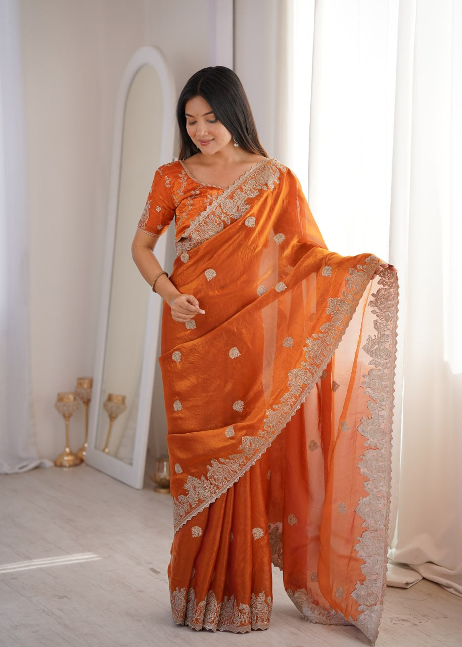 Womenline Orange Organza Embroidered Saree with Blouse