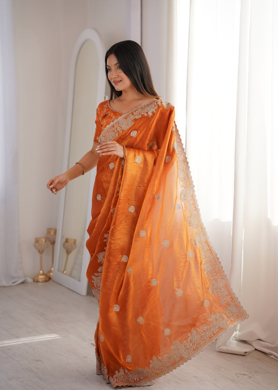 Womenline Orange Organza Embroidered Saree with Blouse