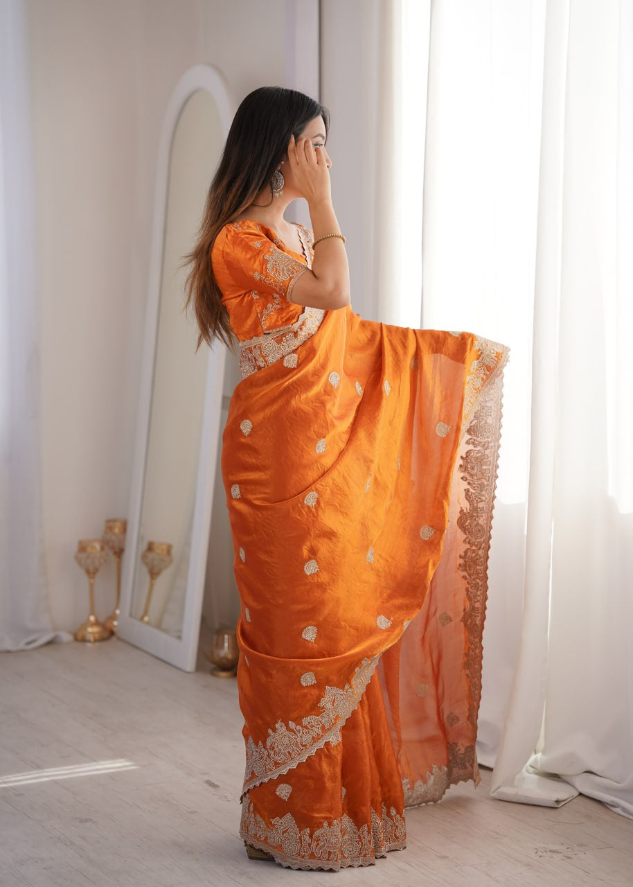 Womenline Orange Organza Embroidered Saree with Blouse