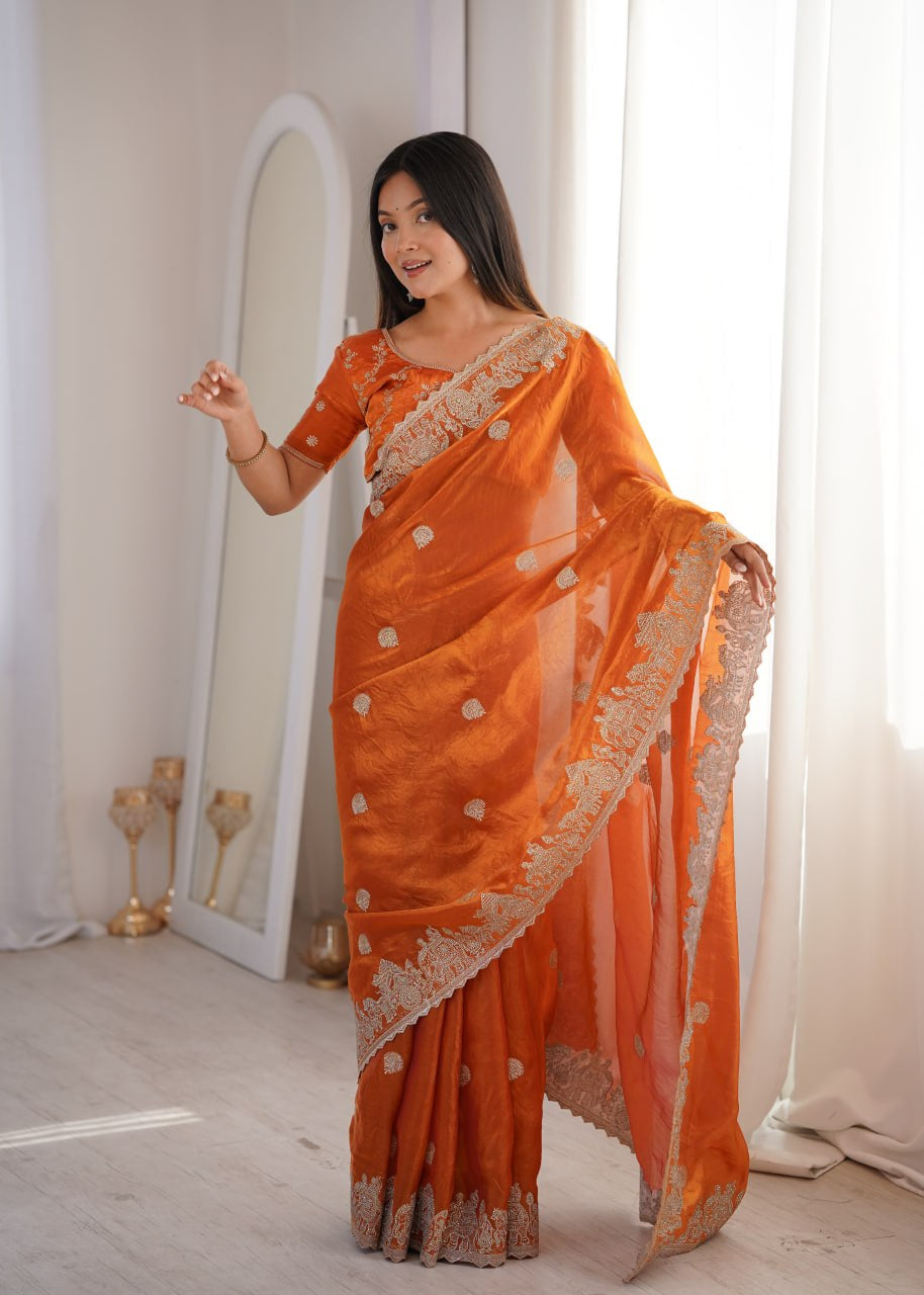 Womenline Orange Organza Embroidered Saree with Blouse