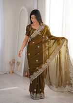 Womenline Olive Green Organza Embroidered Saree with Blouse