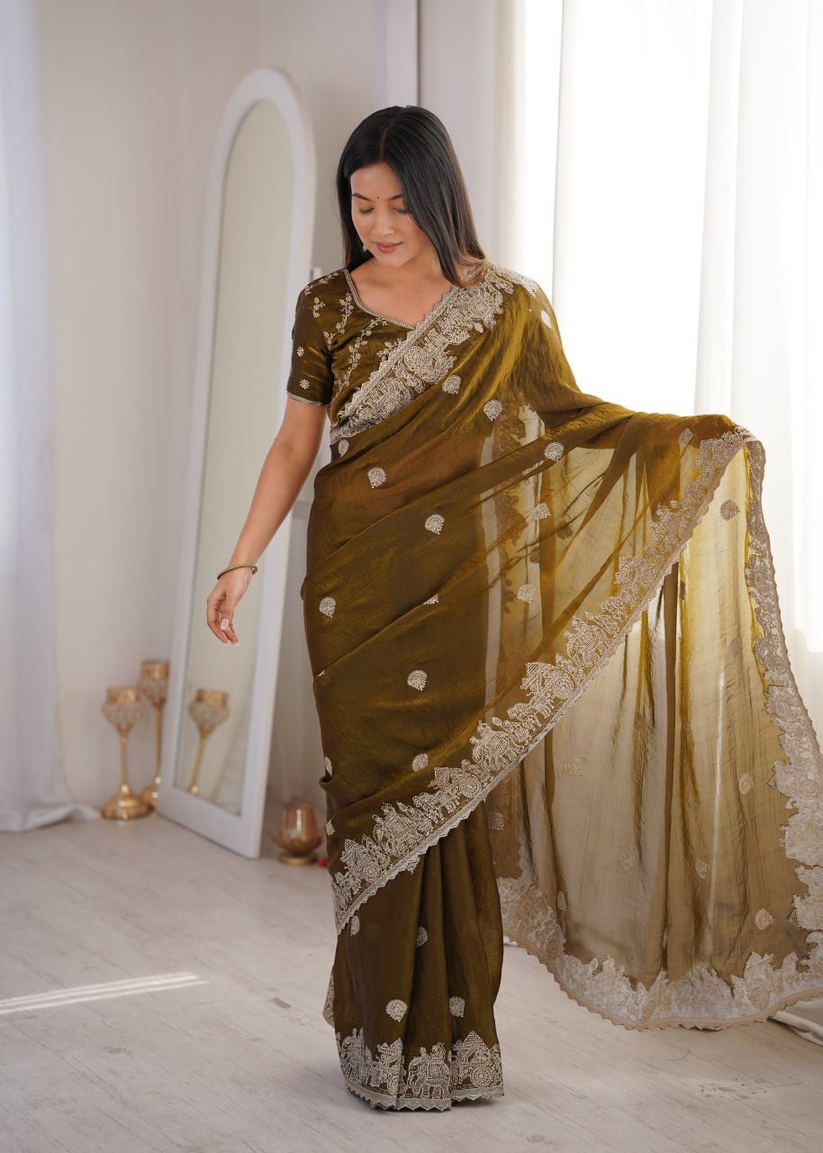 Womenline Olive Green Organza Embroidered Saree with Blouse