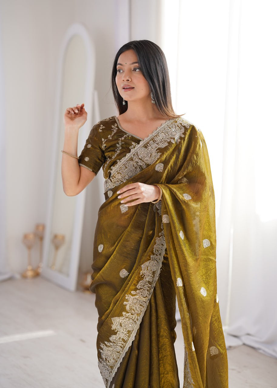 Womenline Olive Green Organza Embroidered Saree with Blouse
