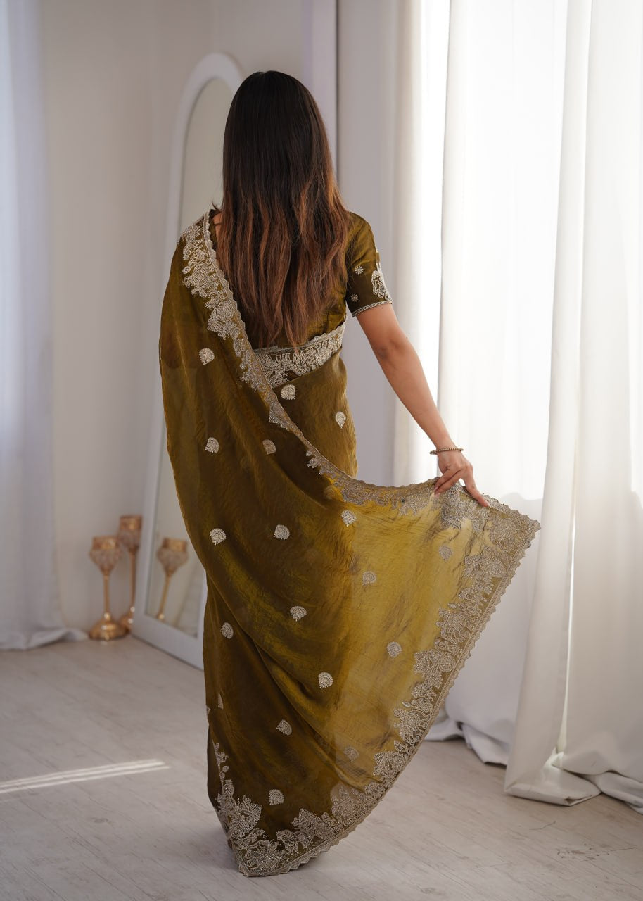 Womenline Olive Green Organza Embroidered Saree with Blouse