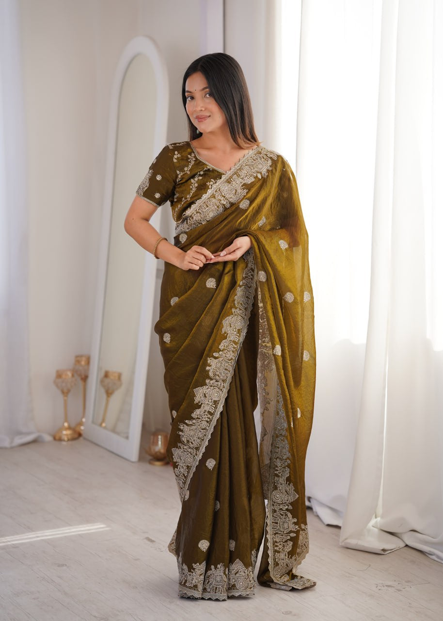 Womenline Olive Green Organza Embroidered Saree with Blouse