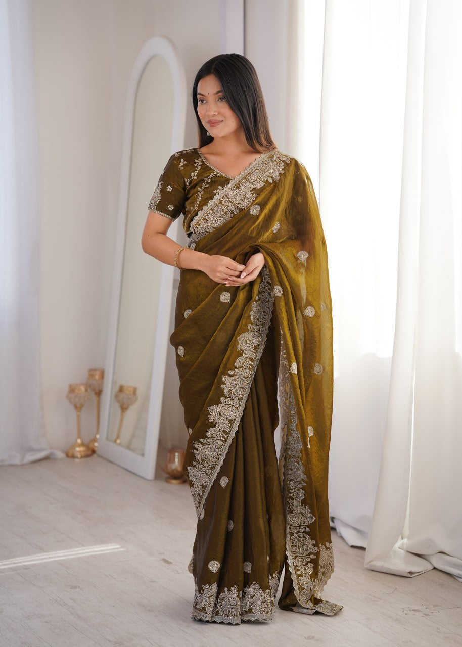 Womenline Olive Green Organza Embroidered Saree with Blouse
