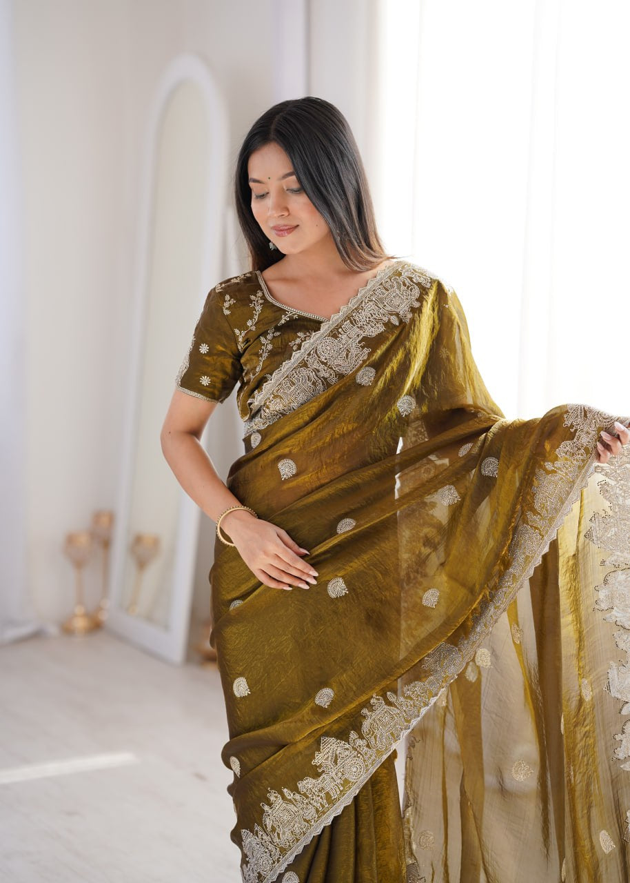 Womenline Olive Green Organza Embroidered Saree with Blouse