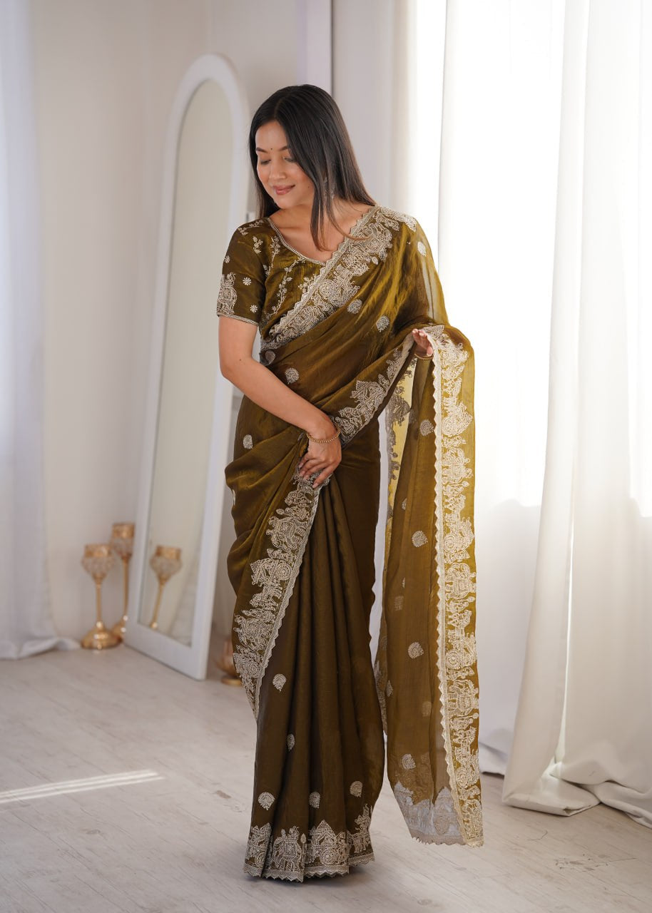 Womenline Olive Green Organza Embroidered Saree with Blouse
