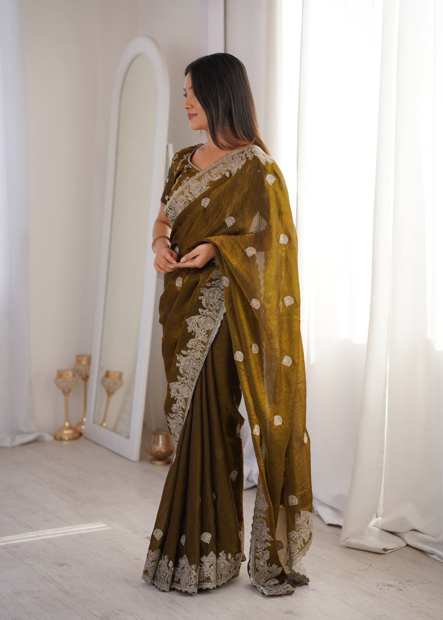 Womenline Olive Green Organza Embroidered Saree with Blouse