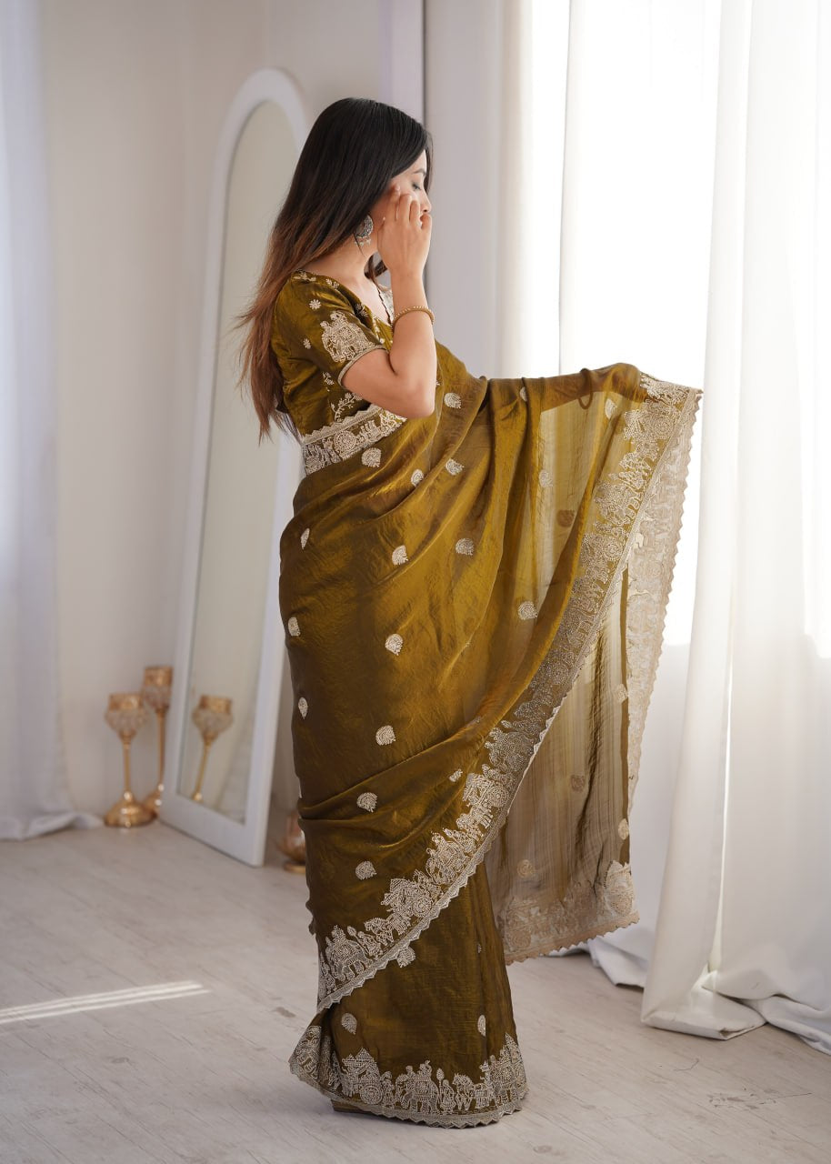 Womenline Olive Green Organza Embroidered Saree with Blouse