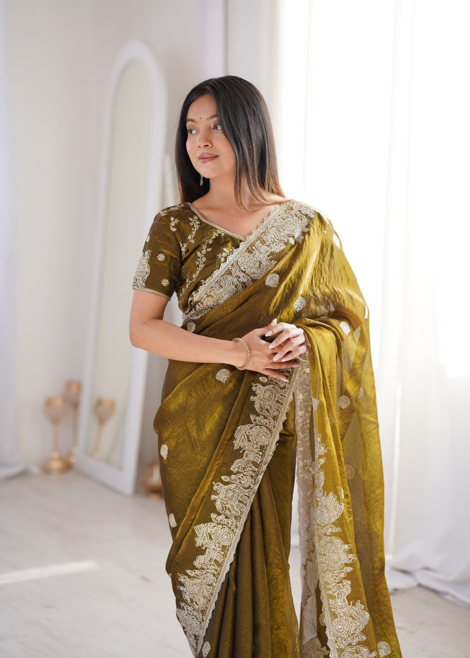 Womenline Olive Green Organza Embroidered Saree with Blouse