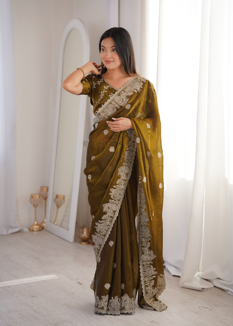 Womenline Olive Green Organza Embroidered Saree with Blouse