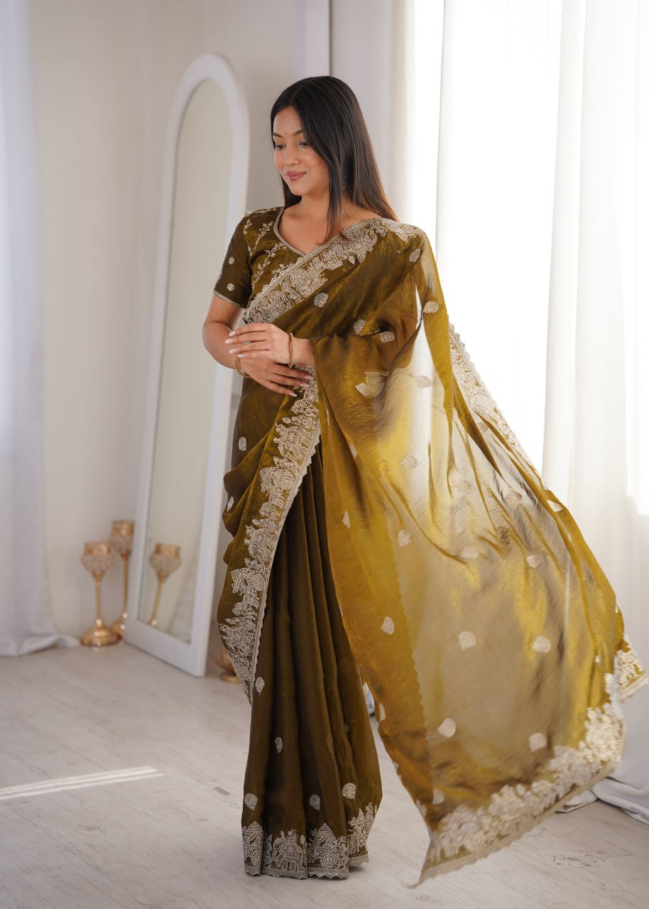 Womenline Olive Green Organza Embroidered Saree with Blouse