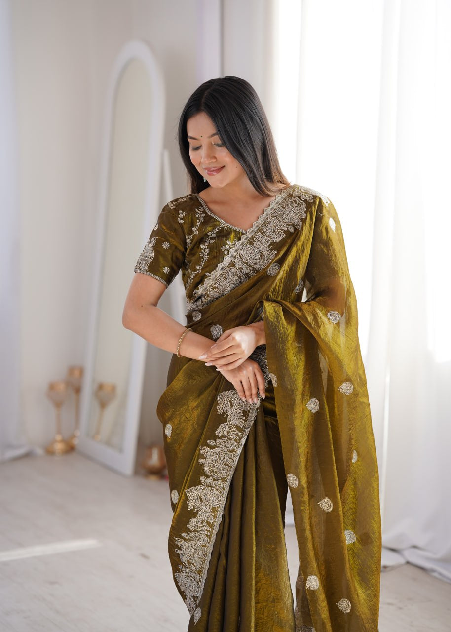 Womenline Olive Green Organza Embroidered Saree with Blouse