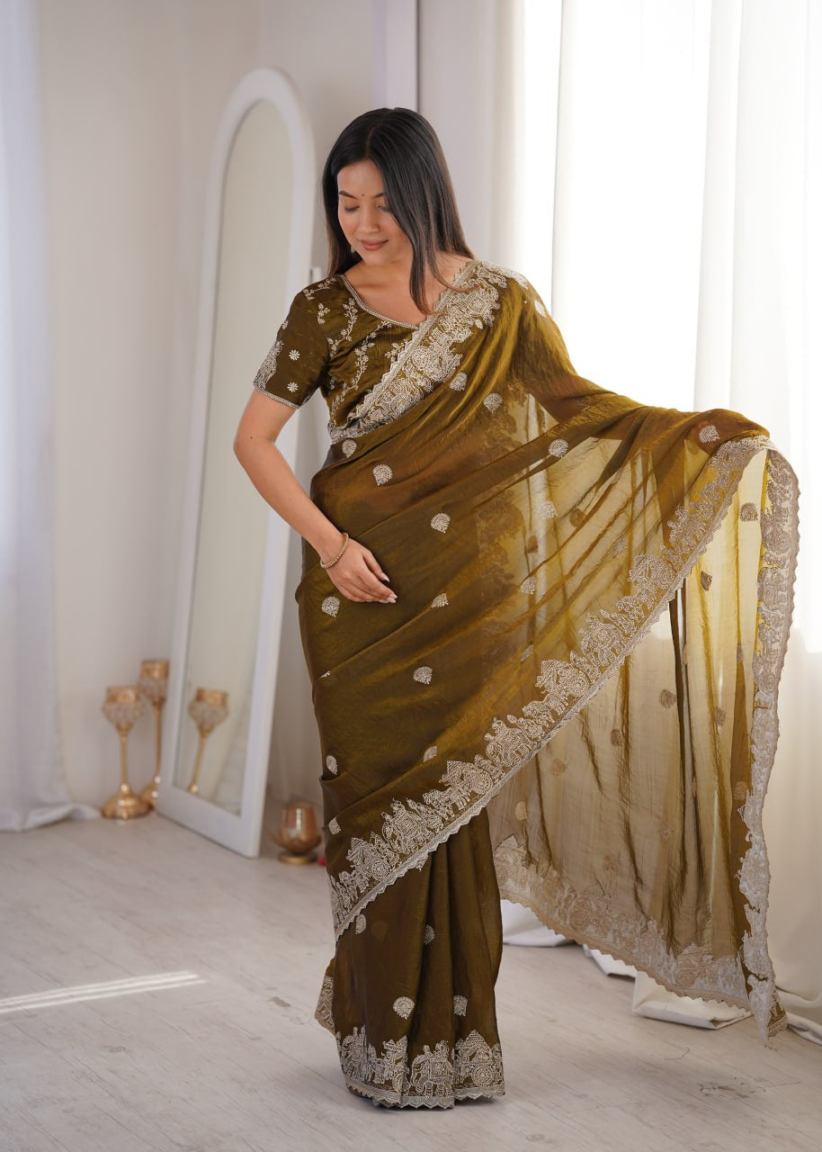Womenline Olive Green Organza Embroidered Saree with Blouse