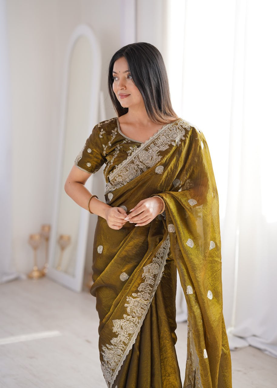 Womenline Olive Green Organza Embroidered Saree with Blouse