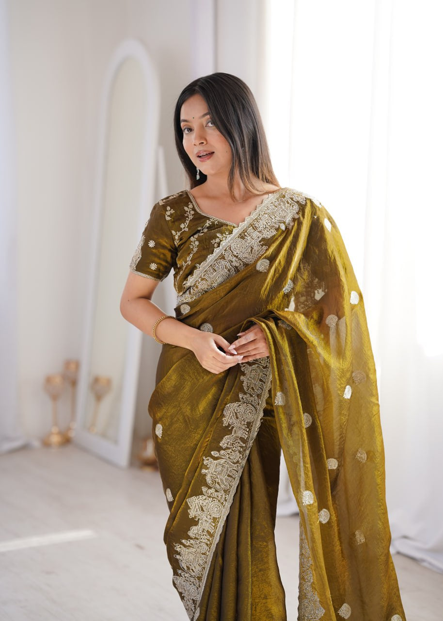 Womenline Olive Green Organza Embroidered Saree with Blouse