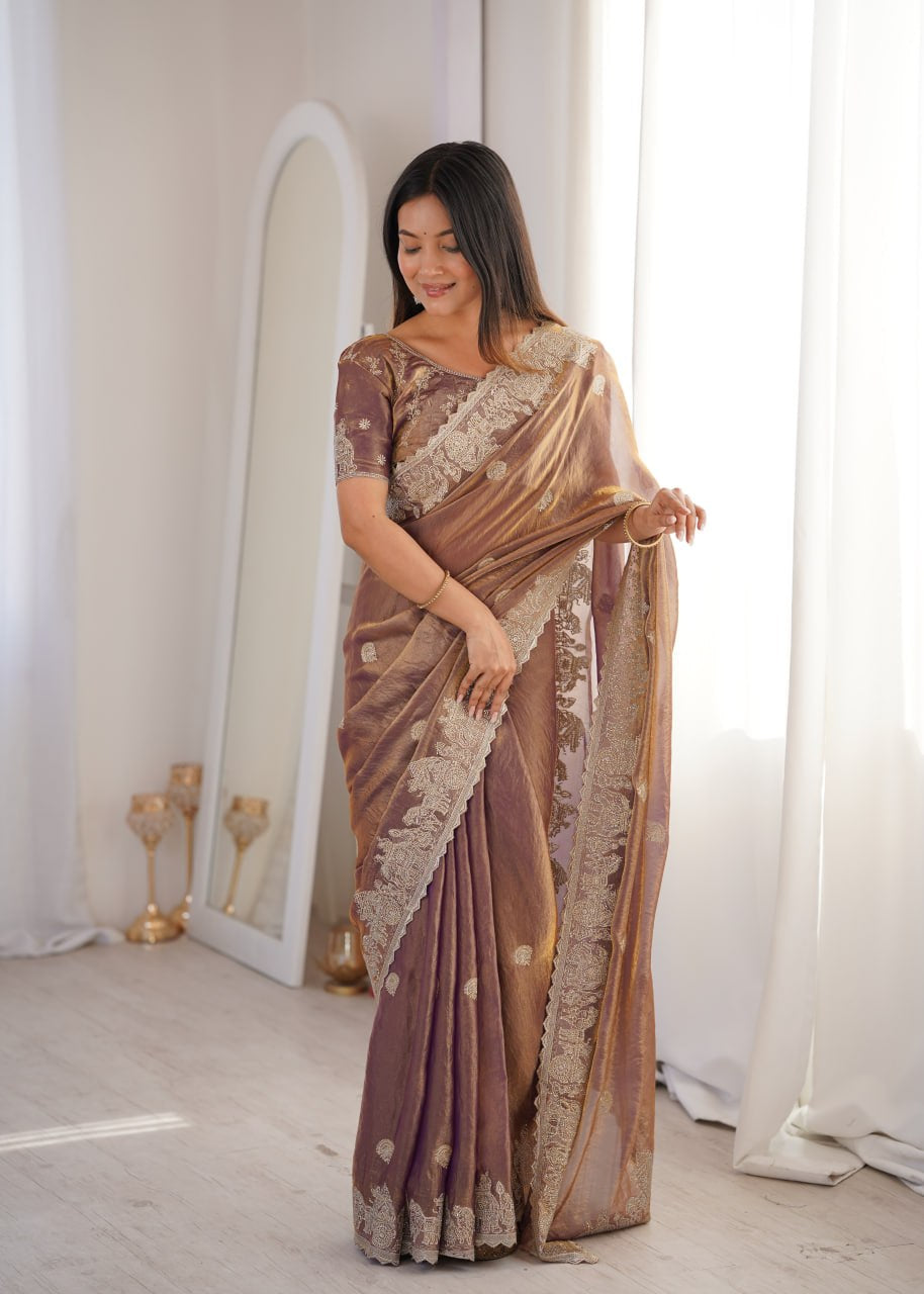 Womenline Mauve Organza Embroidered Saree with Blouse
