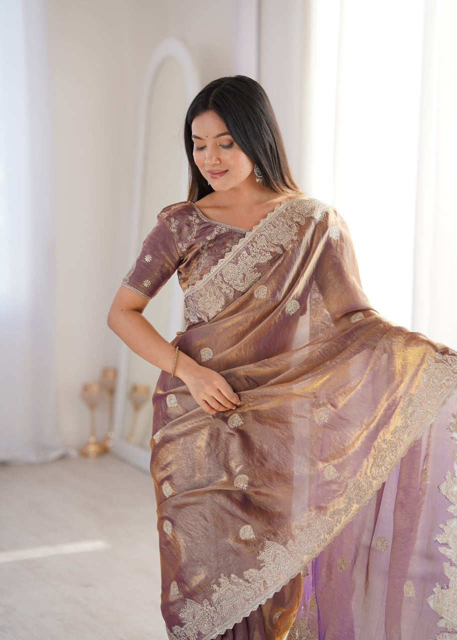 Womenline Mauve Organza Embroidered Saree with Blouse