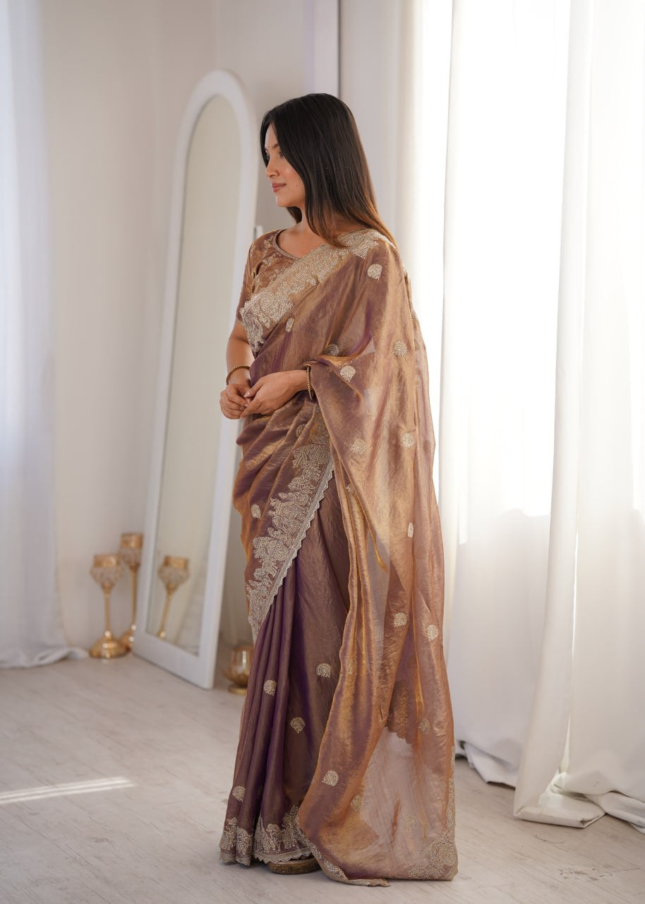 Womenline Mauve Organza Embroidered Saree with Blouse