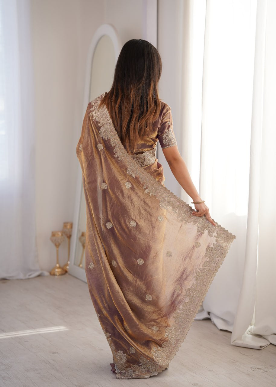 Womenline Mauve Organza Embroidered Saree with Blouse