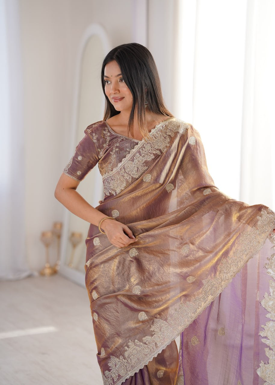 Womenline Mauve Organza Embroidered Saree with Blouse