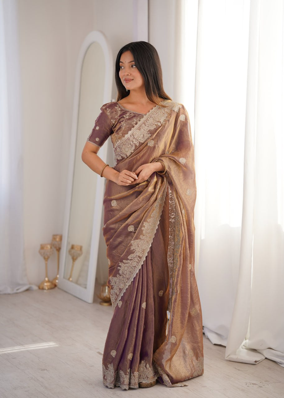 Womenline Mauve Organza Embroidered Saree with Blouse