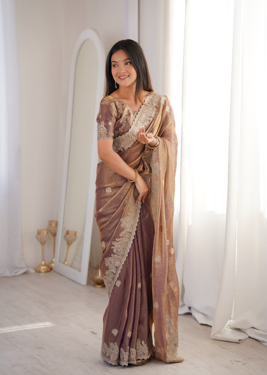 Womenline Mauve Organza Embroidered Saree with Blouse