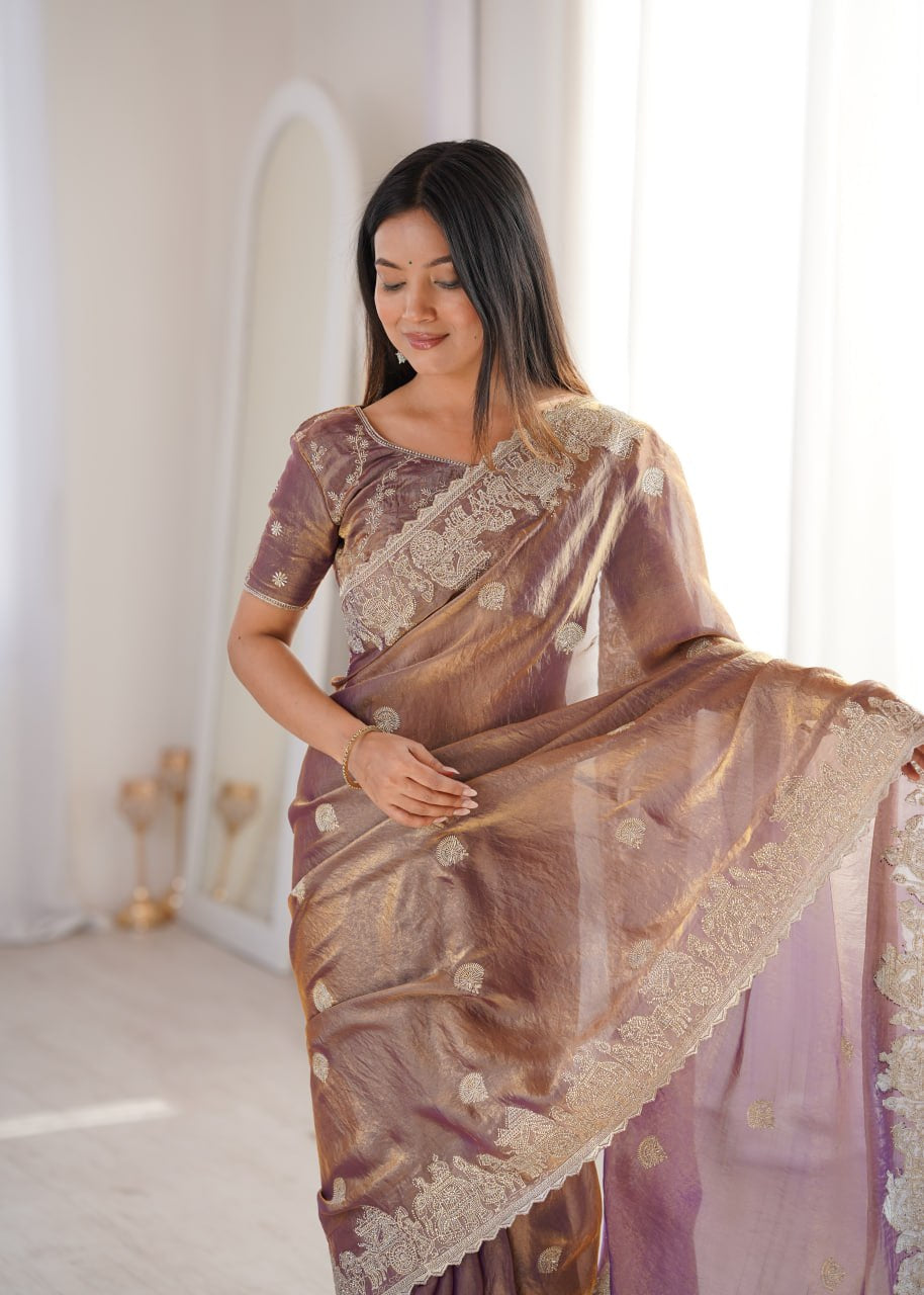 Womenline Mauve Organza Embroidered Saree with Blouse