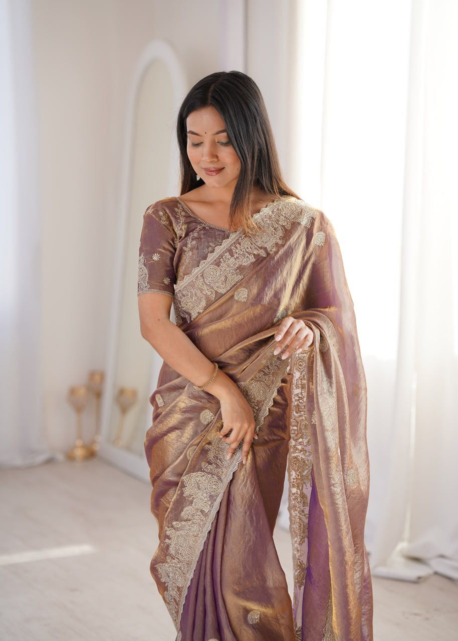 Womenline Mauve Organza Embroidered Saree with Blouse