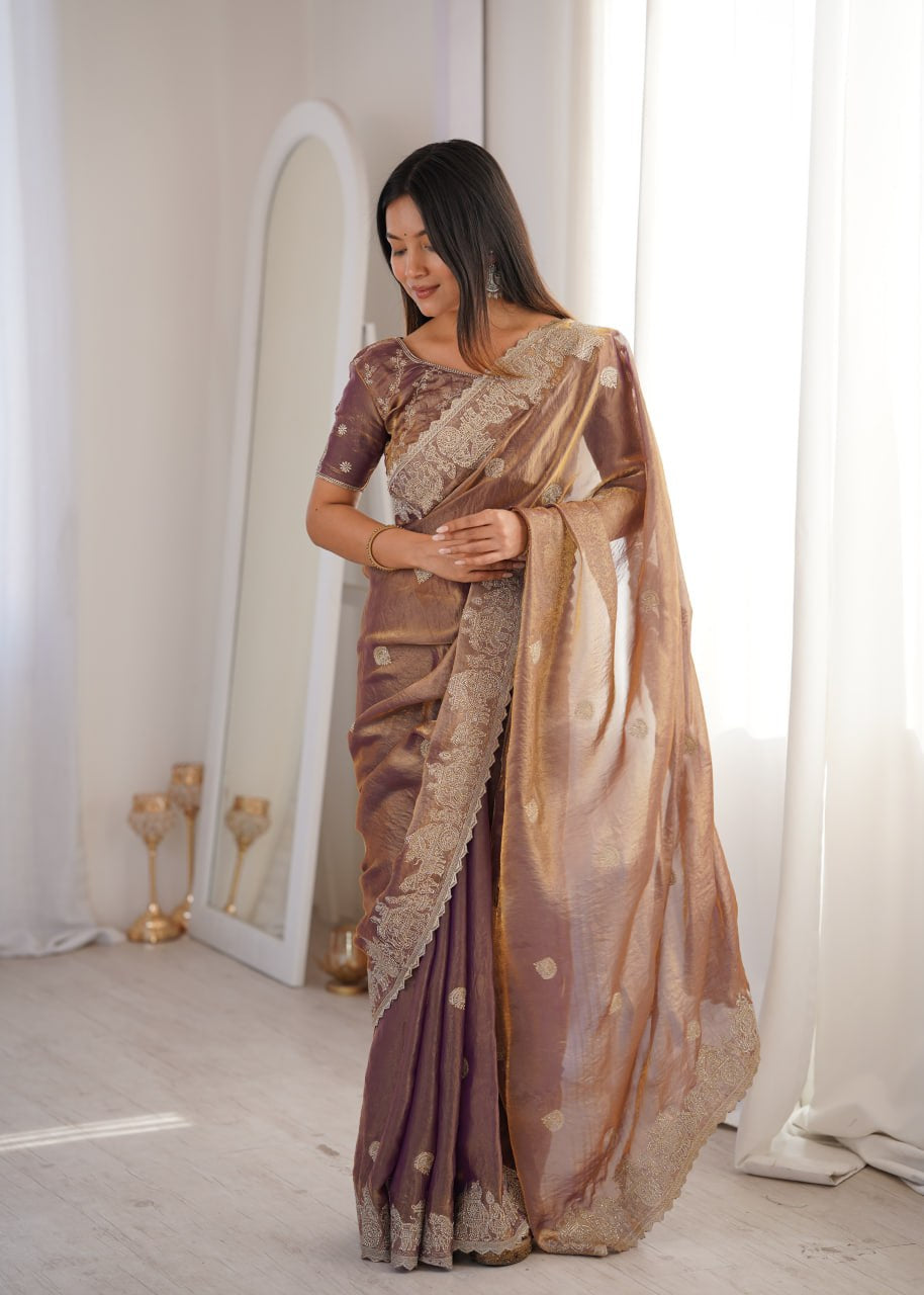 Womenline Mauve Organza Embroidered Saree with Blouse
