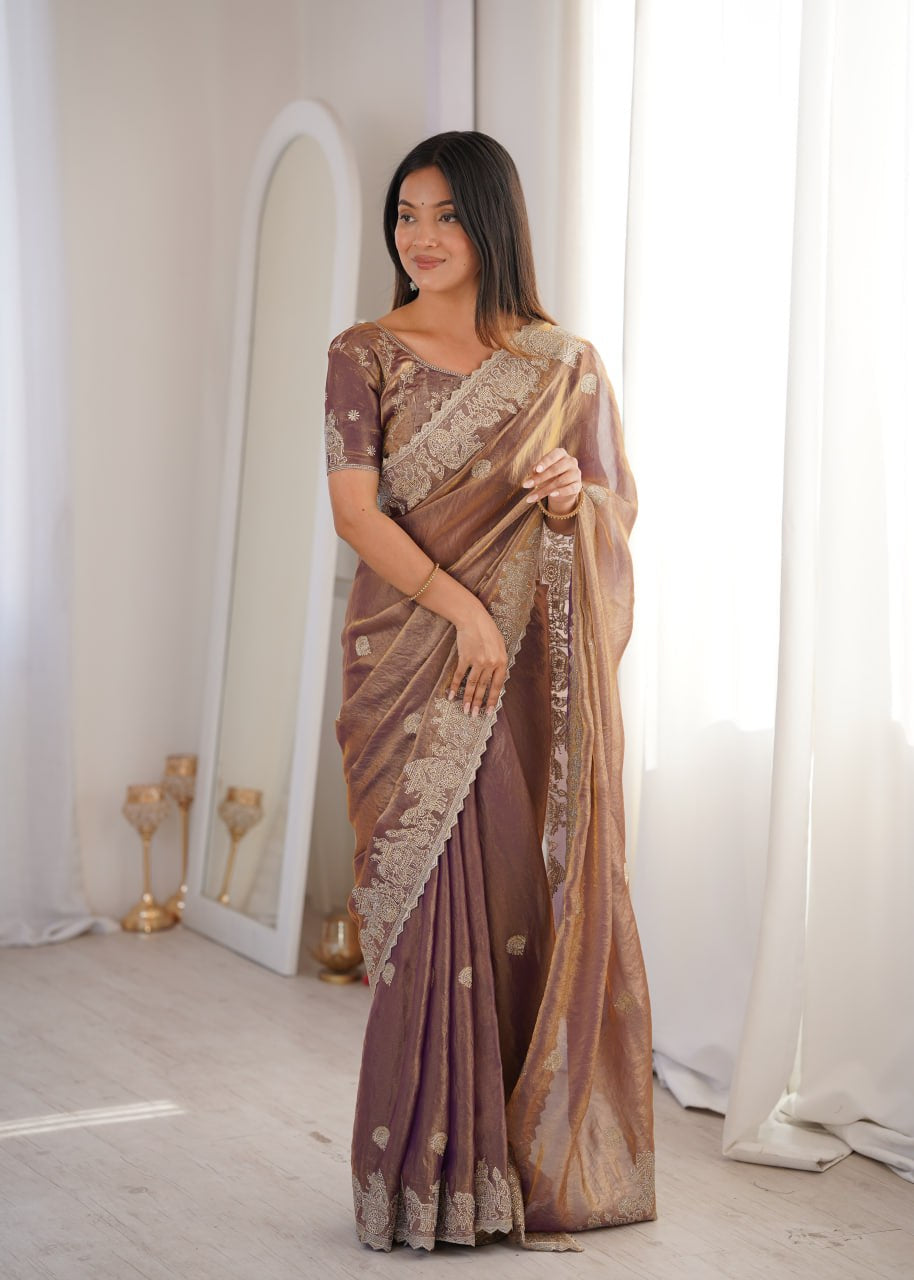 Womenline Mauve Organza Embroidered Saree with Blouse