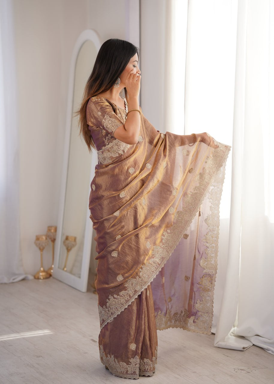 Womenline Mauve Organza Embroidered Saree with Blouse