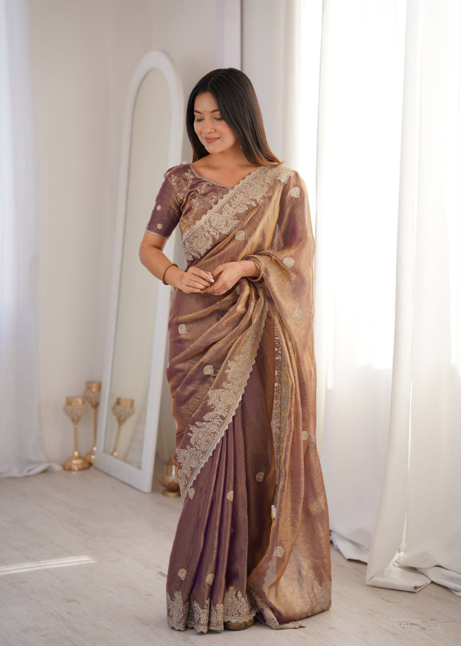 Womenline Mauve Organza Embroidered Saree with Blouse