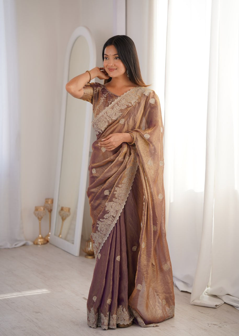 Womenline Mauve Organza Embroidered Saree with Blouse