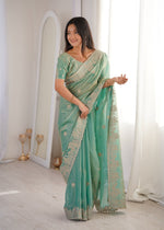 Womenline Sea Green Organza Embroidered Saree with Blouse