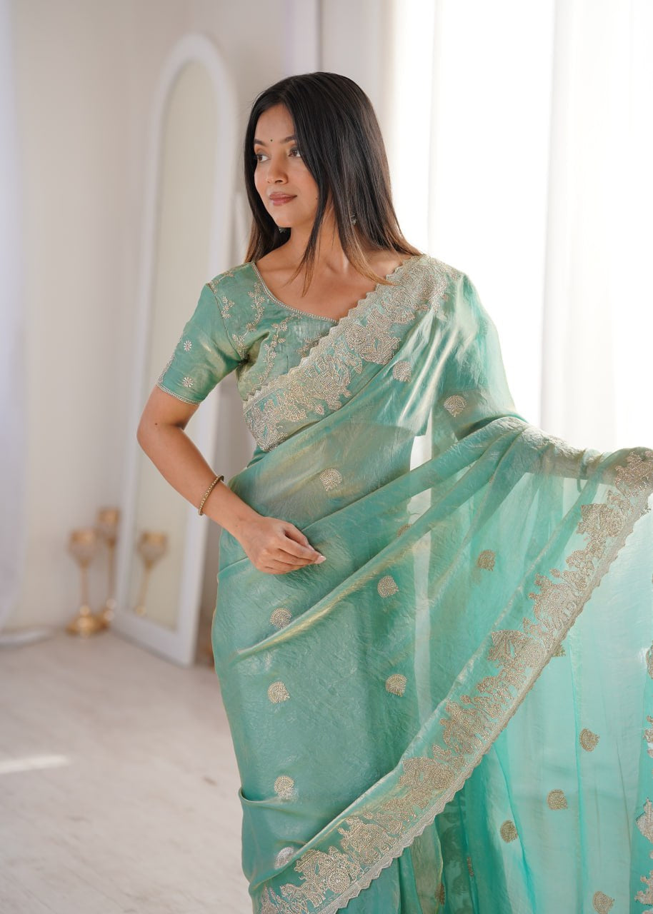 Womenline Sea Green Organza Embroidered Saree with Blouse