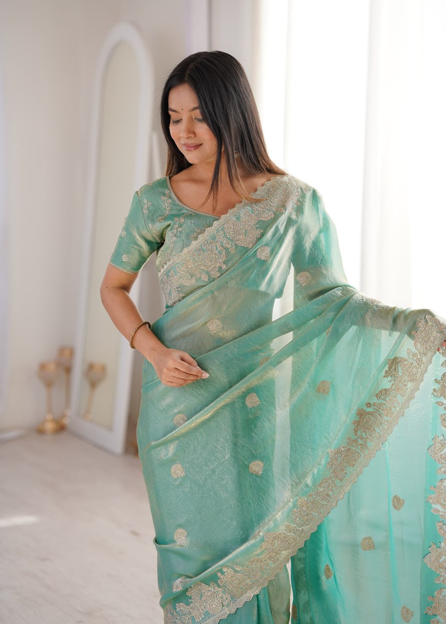 Womenline Sea Green Organza Embroidered Saree with Blouse