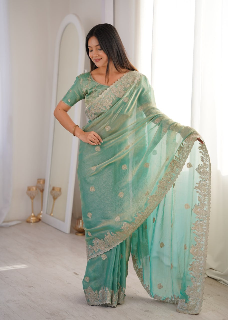 Womenline Sea Green Organza Embroidered Saree with Blouse