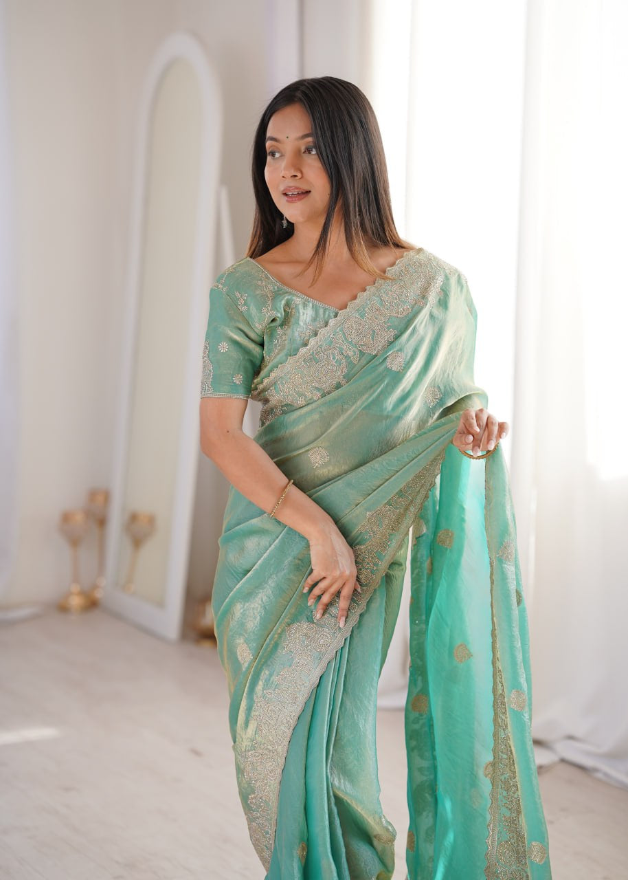 Womenline Sea Green Organza Embroidered Saree with Blouse