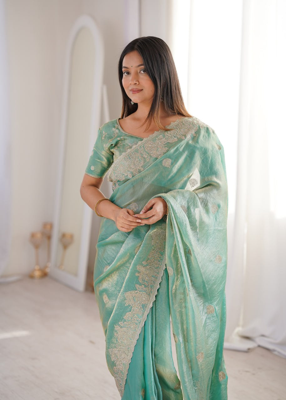 Womenline Sea Green Organza Embroidered Saree with Blouse