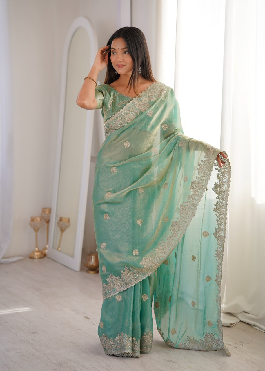 Womenline Sea Green Organza Embroidered Saree with Blouse