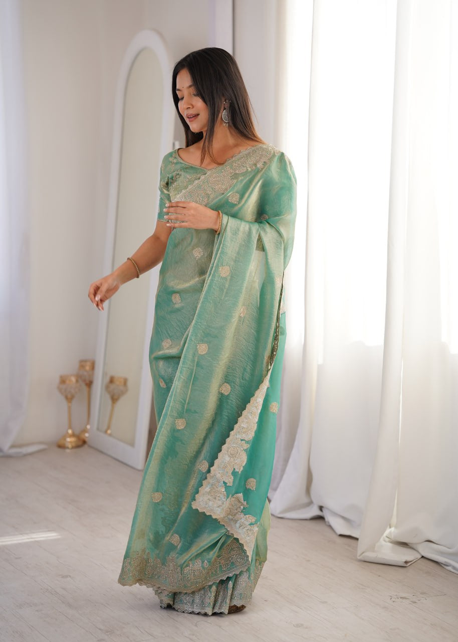 Womenline Sea Green Organza Embroidered Saree with Blouse