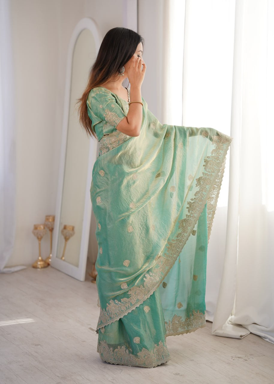 Womenline Sea Green Organza Embroidered Saree with Blouse