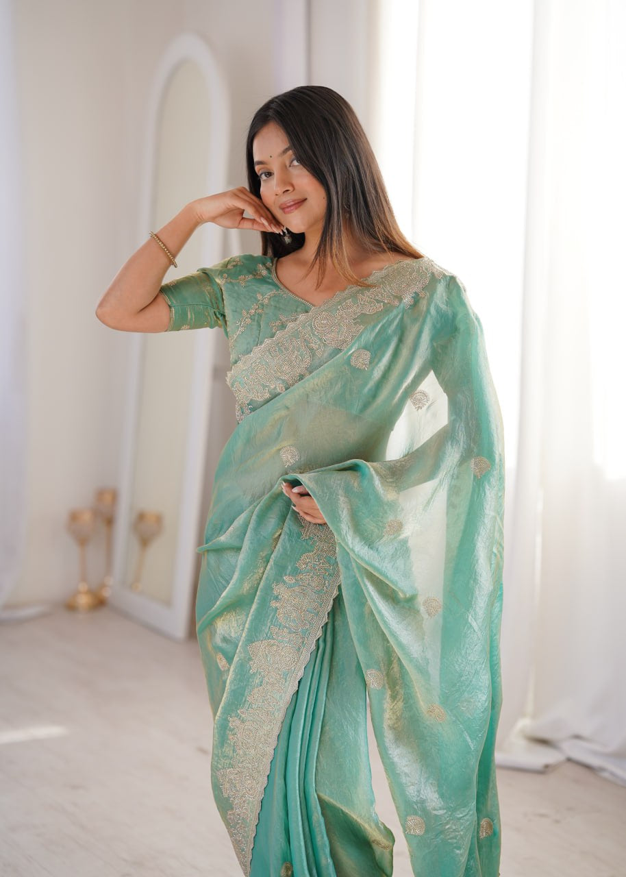 Womenline Sea Green Organza Embroidered Saree with Blouse