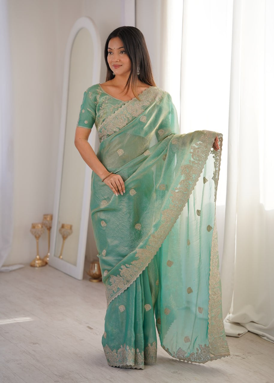 Womenline Sea Green Organza Embroidered Saree with Blouse