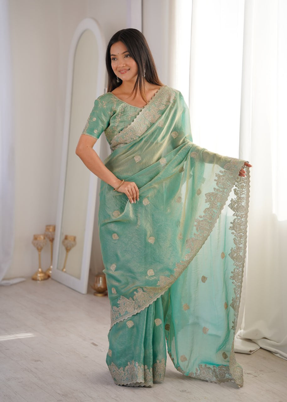 Womenline Sea Green Organza Embroidered Saree with Blouse