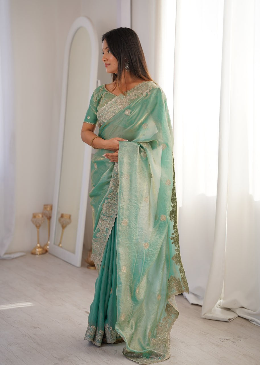 Womenline Sea Green Organza Embroidered Saree with Blouse